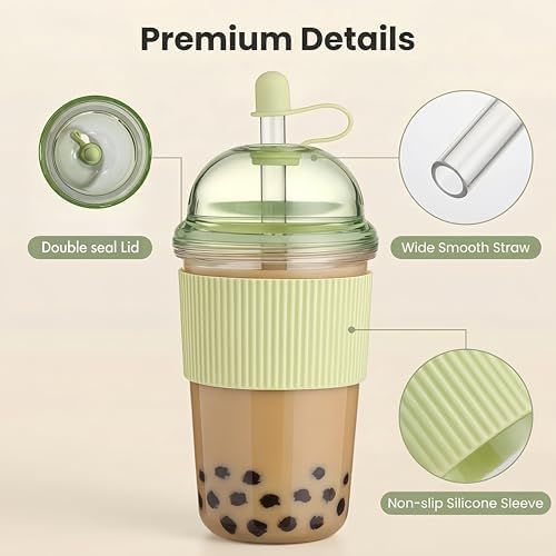 Reusable Ices Coffee Cups with Lids and Straws 17oz, Boba Cup with Straw, Tumbler with Silicone Sleeve for Cold Drinks, Iced Coffee, Bubble Tea Green - Image 5
