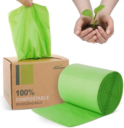 Compostable Trash Bags, 2.6 Gallon, 100 Count, 100% Compost Waste Bags for Kitchen Bathroom Office, Small Countertop Bin Compost Bags, US BPI and Europe OK Compost Home Certified by JENCENBIO