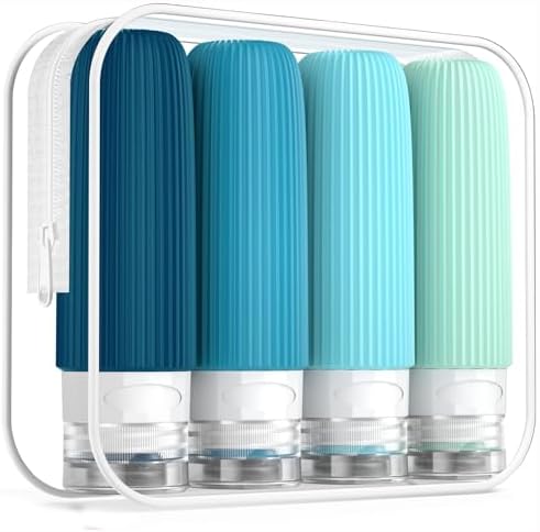 Mrsdry Travel Bottles for Toiletries, Tsa Approved 3oz Portable Travel Bottles, BPA Free Leak Proof Squeezable Silicone Travel Size Containers, Travel Accessories with Clear Toiletry Bag (4 Pack) by Mrsdry