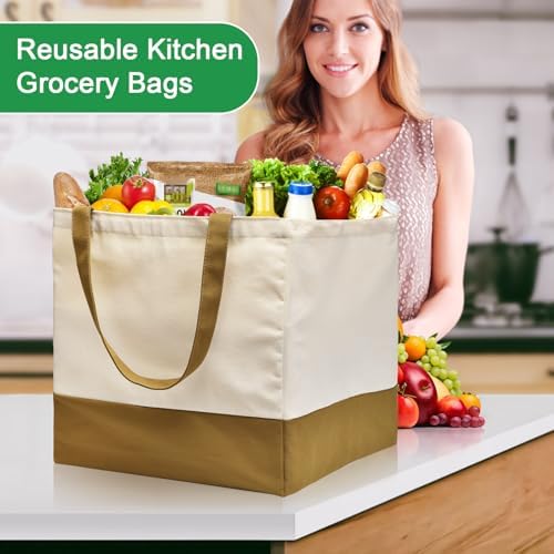 3 Pack Canvas Reusable Grocery Bags Heavy Duty, 8.3 gal Foldable Large Tote Bag with Handles, Holds 60 lbs Canvas Shopping Bags & Washable Eco-friendly Bags with 5 Pockets, camel+Off white - Image 6
