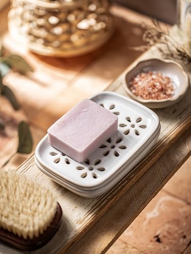 Miamolo Soap Dish for Shower with Drainage, Double Layer Bar Soap Holder, Ceramic Soap Saver Sponge Holder for Bathroom, Tub and Kitchen Sink, Slotted Draining Soap Dishes Extend Soap Life, Beige - Image 7
