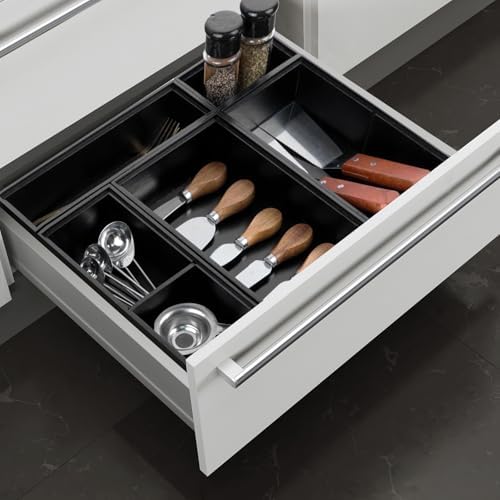 Bamboo Drawer Organizer,5 PCS Black Silverware Tray&Desk Organizers and Storage,Cabinet Divider With Removable Bathroom Organization for Kitchen,Utensils,Junk,Office,Makeup - Image 5