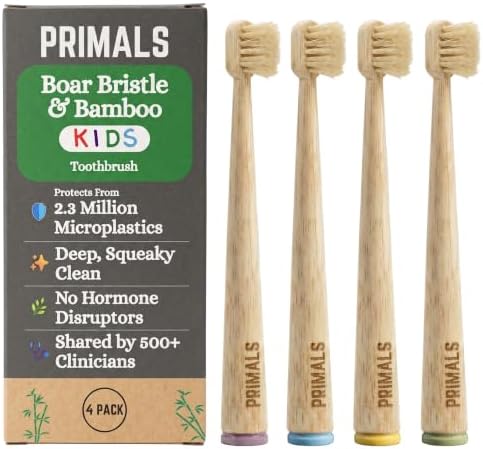 PRIMALS Kids Boar Bristle & Bamboo Toothbrush (4-Pack) - Healthy Boar Bristles - Zero Microplastics - Fully Biodegradable - Quick Dry Design by PRIMALS
