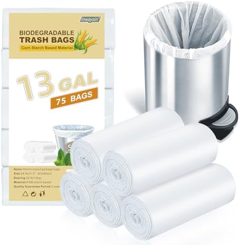 Trash Bags 13+ Gallon Tall-Kitchen - Inwaysin 75 Counts Compostable Garbage Bag Unscented Clear White Bulk Recycled Waste Basket Liners Strong Thick for Bathroom Outdoor Yard Can by Inwaysin