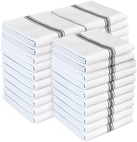 Zeppoli Classic Kitchen Towels - 30 Pack 100% Natural Cotton Towel Set, Reusable Wash Cloths, Absorbent Dish Towels, Machine Washable Hand Towels, Kitchen Essentials, 14” by 25”, Black Striped by Zeppoli