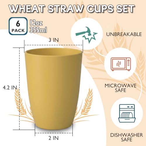 Wrova Wheat Straw Cups 6 PCS Good Alternative to Plastic Reusable Cups 12 oz Unbreakable Drinking Cup Reusable Dishwasher Safe Water Plastic Glasses Yellow - Image 2