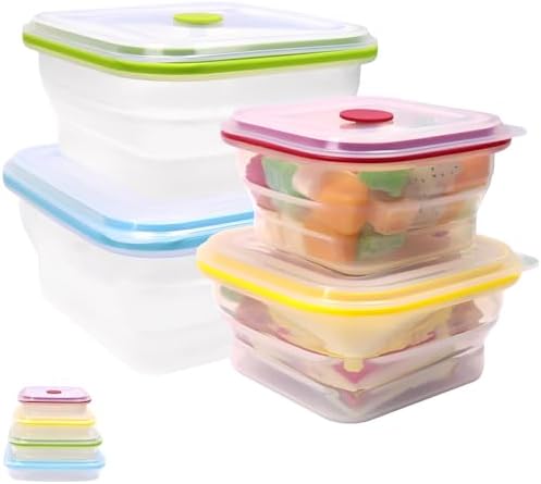 Set of 4 Collapsible Full Silicone Food Storage Containers with Lids, Square Clear Bento Lunch boxes for Meal Prep, Lunch, Leftovers, Travel, Microwave Fridge Dishwasher Safe, BPA Free by FUSMYE