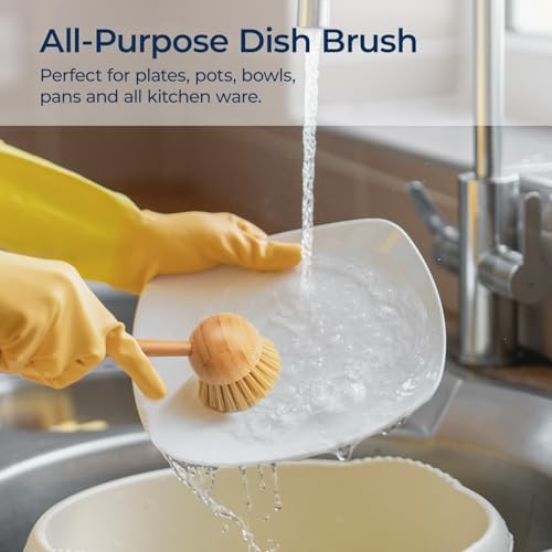 Lorzon 2 Pack Dish Brush with Handle, Bamboo Dish Scrub Brush, Kitchen Brushes for Dishes, Scrubber, Pots, Pans, Sink, Dishwashing Cleaning Brush - Image 7