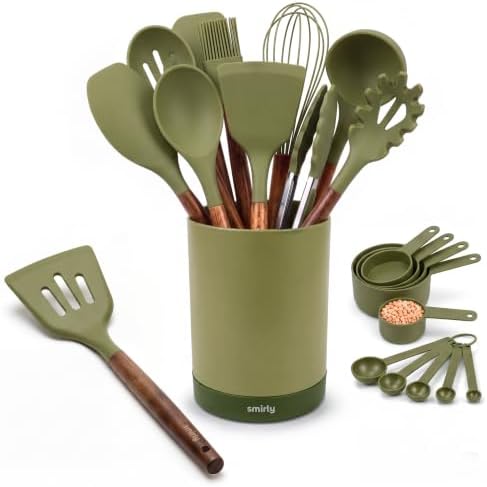 SMIRLY Silicone Kitchen Utensils Set, 22-Piece Acacia Wood Handle, Green by Smirly