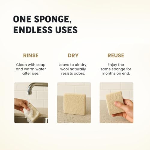 Scalise Family Sheep Farm Wool Dish Sponge 5"x5" – Natural Sponge Dish Non Scratch | Organic Kitchen Sponges for Sink Cleaning | Long Lasting Wool Scrubber for Kitchen - Image 3
