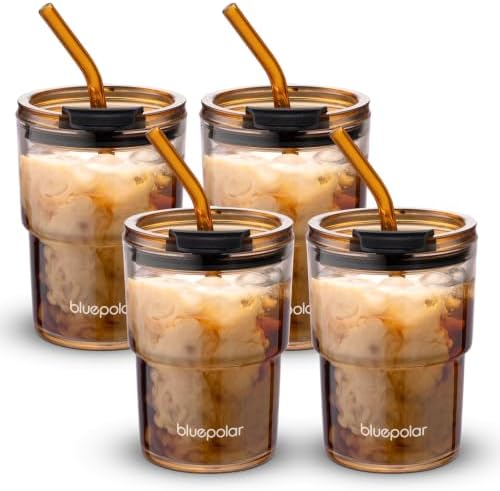 BLUEPOLAR 13oz/400ml Glass Water Tumbler with Straw and Lid Sealed Carry On Thick Wall Iced Coffee Cup Glass Cup for Water, Iced Tea Fruit Juice Etc (Amber-4Pack) by BLUEPOLAR