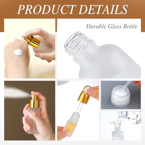Jingmore 13 Pcs Glass Skincare Travel Containers Mini Makeup Containers Travel Size Toiletries Bottles with Pump Spray and PU Leather Toiletry Bag for Liquid Serum Cream Moisturizers Oils(Gold) - Image 3