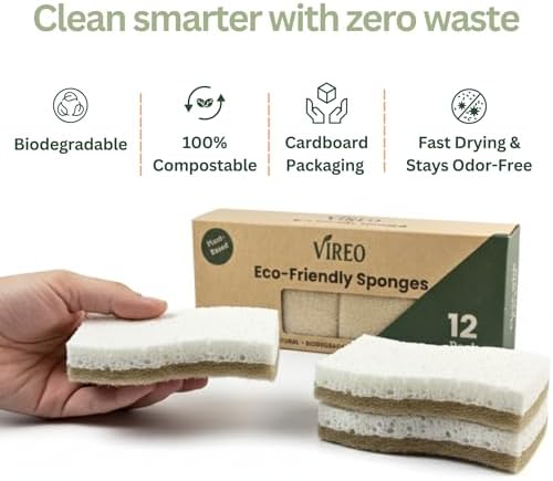 12 Pack Non-Scratch & Odor-Free Eco Sponges – Natural Biodegradable Cellulose & Coconut Fiber Kitchen Scrubbers – Compostable, Zero Waste Sponges for Dishwashing & Cleaning - Image 5