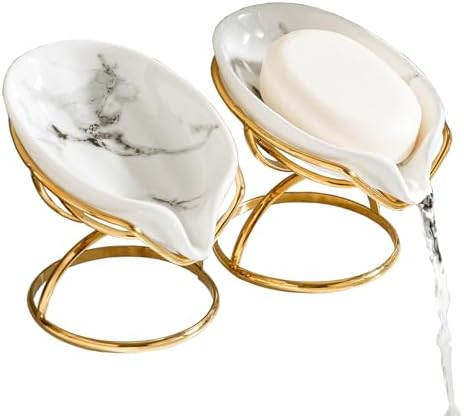 Dobbyby Leaf-Shaped Soap Dish – Ceramic Soap Bar Holder with Self-Drainage System – Bar Soap Holder for Shower, Bathroom Sink, Kitchen – Soap Dish with Stainless Steel Stand (White-Gold-2 Pack) by Dobbyby