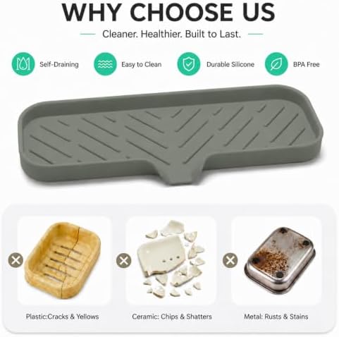 MicoYang Silicone Soap Dish with Drain Spout — Self-Draining Double Sink Organizer Tray for Kitchen & Bathroom, Dispensers, Sponges & Soap Holder, Non-Slip & Dishwasher Safe, Grey (Large, 12"×4") - Image 3