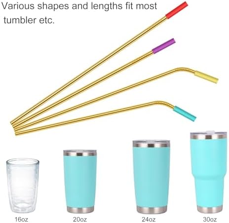 20 Pcs Gold Reusable Stainless Steel Straws,10.5" & 8.5" Reusable Drinking Straws with 20 Silicone Tips 5 Straw Brushes 1 Travel Case,Eco Friendly Extra Long Metal Straw for 20 24 30 oz Tumbler - Image 6