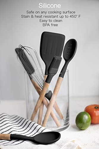 Country Kitchen Non Stick Silicone Utensil Set with Rounded Wood Handles for Cooking and Baking, 6 Piece Set, Black - Image 3
