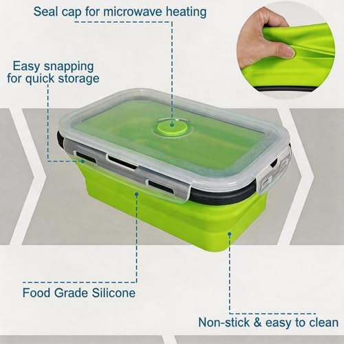Collapsible Silicone Food Storage Containers Set, 4PCS Foldable Lunch Boxes with Lids & Air Vent, 27oz Multifunctional Travel Food Containers, Bento Boxes, Green - Image 2