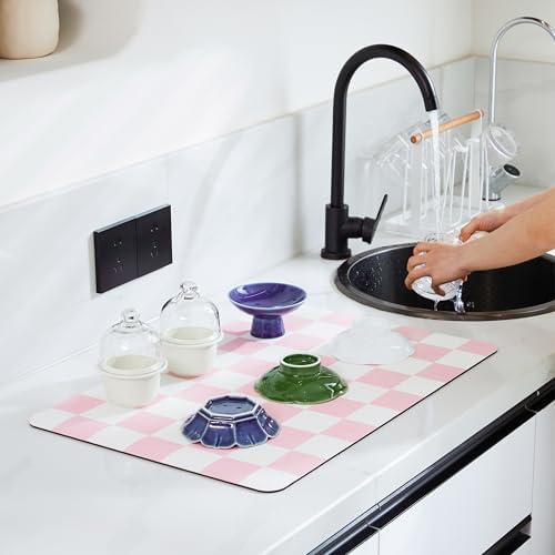 Ohocut Checkered Dish Drying Mat for Kitchen Counter, Coffee Bar Station Accessories, Retro Cute Aesthetic Girly Women Modern Absorbent Drainer Mat Kitchen Drying Mat Easy Clean, Pink 16" x 24" - Image 2