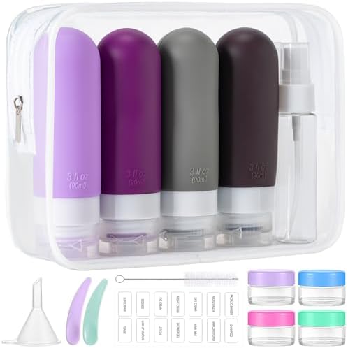 16pack Travel Bottles for Toiletries, TSA Approved LeakProof Squeezable Silicone Toiletry Containers for Shampoo, Conditioner, 3oz Portable Refillable Traveling Size Liquid Containers (16Pcs/Purple） by MODENGKONGJIAN
