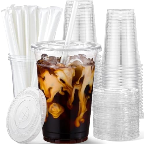 AOZITA 20 oz Plastic Cups with Lids and Straws, 25 Pack, Disposable Iced Coffee Cups with Lids, Clear Cups with Lids for Cold Drinks, Iced Tea, Milkshakes, Smoothies - Durable & BPA Free by AOZITA