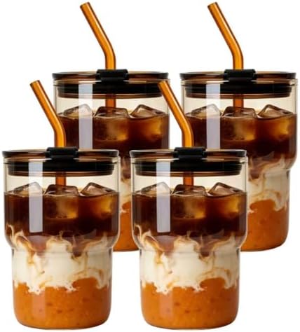 Luxfuel 16oz Glass Tumbler with Lid & Straw, 4 Pack Iced Coffee Cups by Luxfuel