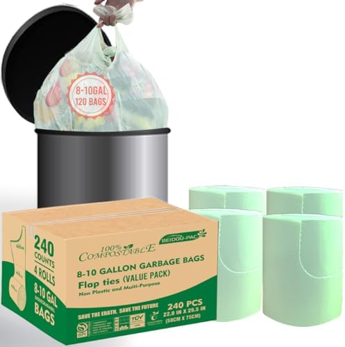 BEIDOU-PAC 8-10 Gallon Flap Tie Compostable Trash Bags, 240 Count, Compost Bags Kitchen Trash Bags, Sturdy Garbage Bags Food Scrap Waste Bags, ASTM D6400, US BPI Certified, Green by BEIDOU-PAC