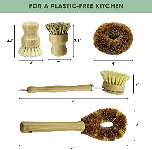 5 Pieces Bamboo Dish Brush Set for Eco-Friendly Home - Wooden Dish Scrubbers, Sustainable Kitchen Cleaning Set, Natural Bristle Dish Brushes for Pots Pans Bottles - Image 2