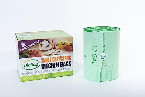 1.2 Gallon Compostable Drawstring Food Scrap Bags by BioBag, 80 Count, BPI Certified, Meets ASTM D6400 Standards, Made in USA, Kitchen Counter Bin Liners - Image 2