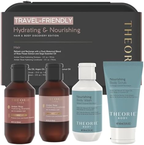 THEORIE Hydrating & Nourishing Travel Kit – Amber Rose & Nourishing Collection | Shampoo, Conditioner, Body Wash & Exfoliating Scrub | Clean Beauty for Hair & Skin by THEORIE