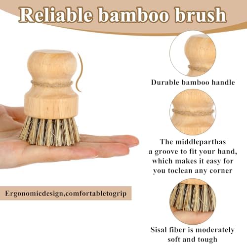 8 Packs Bamboo Dish Scrub Brushes Natural Palm Wooden Scrubbers Set Kitchen Dishwashing Scrubber with Natural Sisal Bristles for Iron Pot Pan Sink (Round) - Image 3