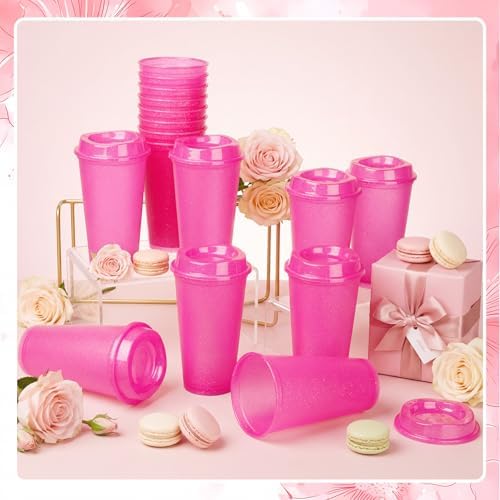 Honeydak 45 Pack 16 oz Reusable Coffee Cups with Lids Water Bottle Iced Coffee Travel Mug Portable Plastic Tea Tumblers Bulk for Hot and Cold Drinks Birthdays Party (Hot Pink,Stylish) - Image 2