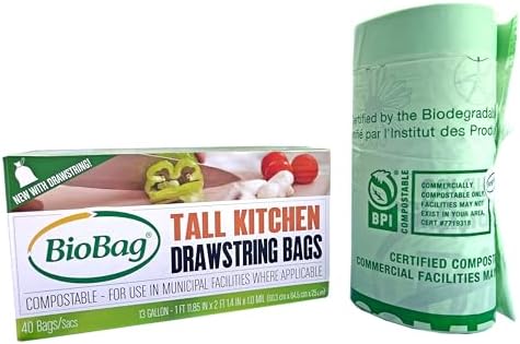 13 Gallon Compostable Drawstring Trash Bags by BioBag, 40 Count, BPI Certified, Meets ASTM D6400 Standards, Easy-Tie Kitchen Liners - Image 4