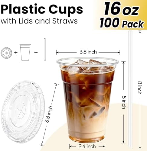 100 Pack 16 oz Plastic Cups with Lids and Straws, Clear Disposable Plastic Cups, Heavy Duty Iced Coffee Cups with Leak-Resistant Lids, Cold Drink Cups for Smoothies, Juice, Soda & Party To Go - Image 5