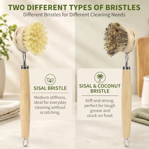 Bamboo Dish Brush with Handle, Natural Dish Brush Set Includes 2 Replacement Brush Heads, Kitchen Scrub Brush with Sisal and Palm Bristle for Cleaning Dishes, Pans and Vegetables - Image 4