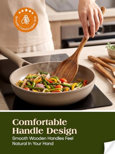 AIUHI 10 Pcs Wooden Spoons for Cooking, Teak Wooden Utensil Set for Nonstick Cookware, Wooden Kitchen Utensils Set with Whisk and Spaghetti Server - Image 4