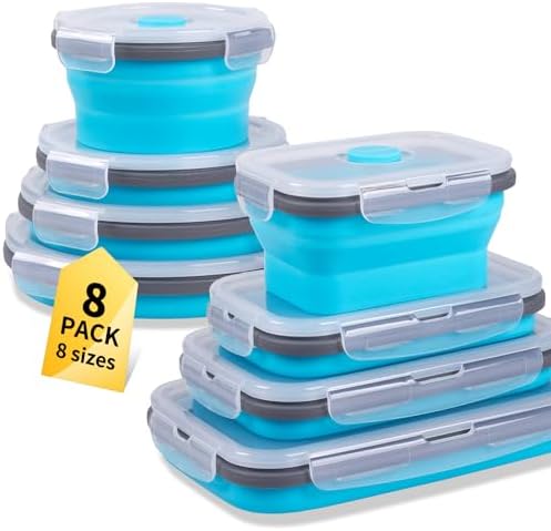 8 Pack Collapsible Food Storage Containers with Lids, Silicone Collapsible Food Containers, Collapsible Storage Containers Sets for Snack Camping RV, Microwave Freezer Dishwasher Safe, Blue by Annaklin