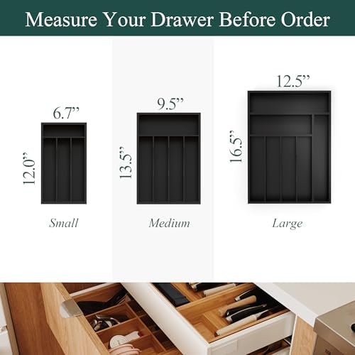Bamboo Kitchen Sliverware Drawer Organizer (Black, 9.5''W x 13.5''D) - Image 3