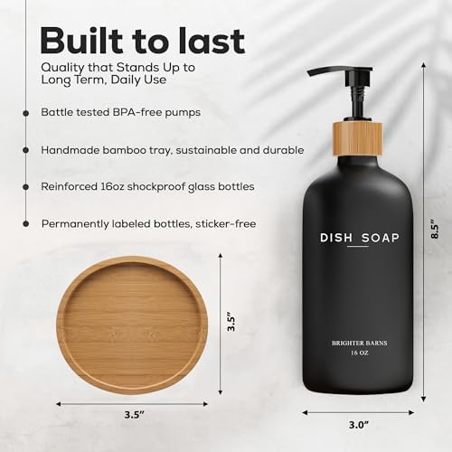 Black Glass Dish Soap Dispenser for Kitchen Sink by Brighter Barns - Modern Kitchen Soap Dispenser Set with Tray - Bamboo Bottle with Pump - Boho Home Decor, Modern Home Decor for Airbnb, Gift (Black) - Image 3