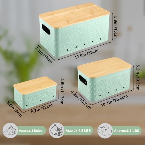 Kitchen Vegetable Storage Set of 3, Metal Onion Garlic Potato Storage Set, Kitchen Canisters Vegetable Keeper Containers with Aerating Holes and Bamboo Lid,Embossed Saga Green - Image 4