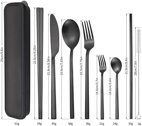 AARAINBOW 6 Pieces Stainless Steel Flatware Set Portable Reusable Cutlery Set Travel Utensils Set Including Chopsticks Knife Fork Spoon Straws Cleaning Brush Dishwasher Safe (B-Black) - Image 2