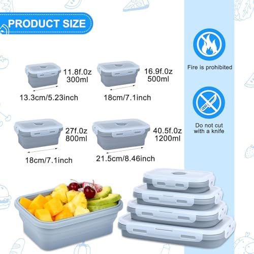 Collapsible Silicone Food Storage Containers 4 Set Airtight Leak Proof Food Containers with Lids Stackable Meal Prep for Microwave Freezer Dishwasher for Kitchen Camping Office Gray - Image 3