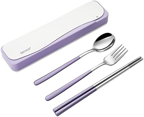 DEVICO Travel Utensils with Case, 4Pcs Portable Silverware Set for Work, 18/8 Stainless Steel Reusable Cutlery, Korean Spoon and Chopsticks Fork for Camping, School, Lunch Box Accessories (Purple) by DEVICO