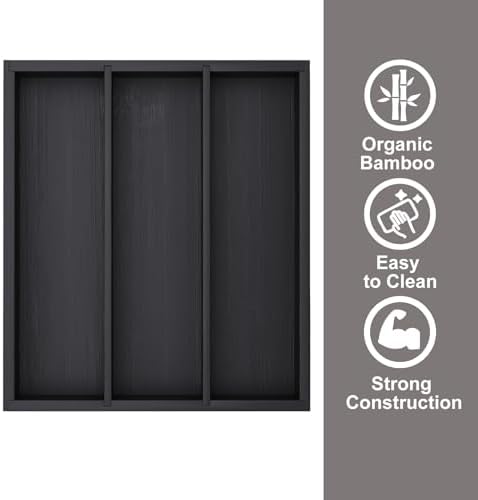 Fibogollo Bamboo Silverware Organizer with 3 Slots for Kitchen（Black） - Image 6