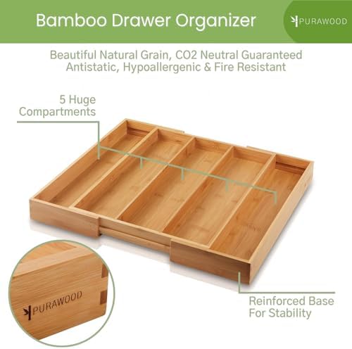 Purawood Kitchen Drawer Organizer, 2 Pack - Expandable Utensil Drawer Organizer for Kitchen, Cutlery Tray & Silverware Organizer, 3-5 Slots - Bamboo Organizer for Utensils & Flatware (Natural) - Image 3