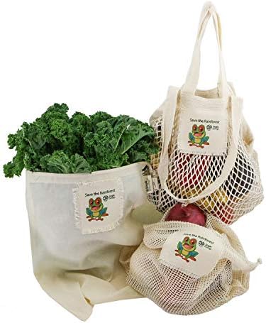 "Save the Rainforest" Simple Ecology Organic Cotton Reusable Tree Frog Gift & Starter Set (string produce saver bags, food storage, bulk bin, with tare weight tag and drawstring, waste free) by Simple+Ecology