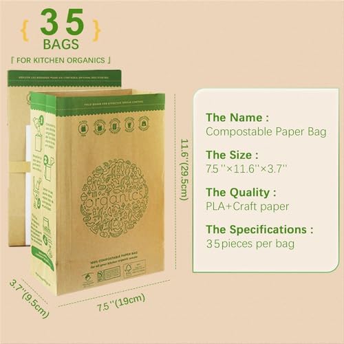 Hytrend-Kitchen Food Waste Bag-35 Bags-%100 Compostable paper Bag - Leak Resistant Liner - Small-Certified by BNQ and BPI,CMA-I,CMA-W - Image 2