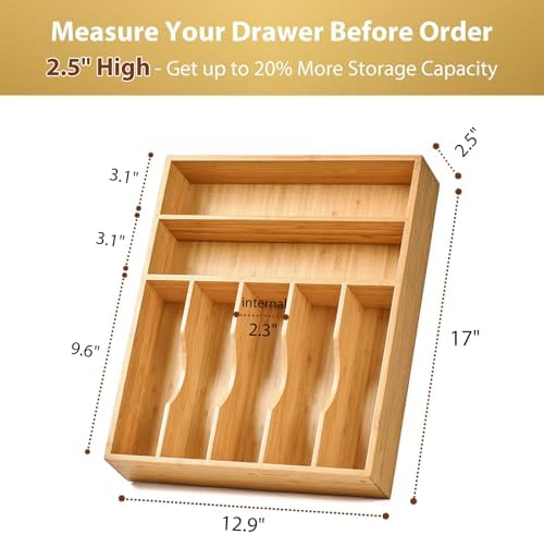 Umilife Bamboo Kitchen Drawer Organizer, 13 Inch Silverware Utensil Tray Holder, Extra Deep Grooved Drawer Divider, 7 Slots Total Bamboo Wood Caddy for Flatware Cutlery Knives, Forks, Spoons - Image 3