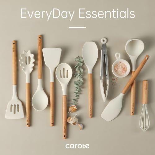 CAROTE 10-Piece Kitchen Utensils Set with Wood Cool-Touch Handles, Cream - Image 7