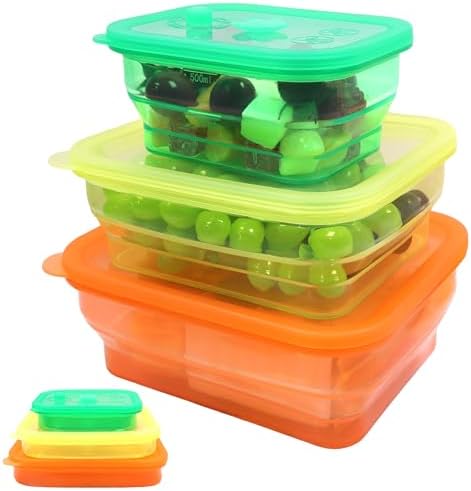 Set of 3 Clear Collapsible Full Silicone Food Storage Containers with Lids, Bento Lunch boxes for Meal Prep, Lunch, Leftovers, Microwave Fridge Dishwasher Safe, BPA-Free by FUSMYE